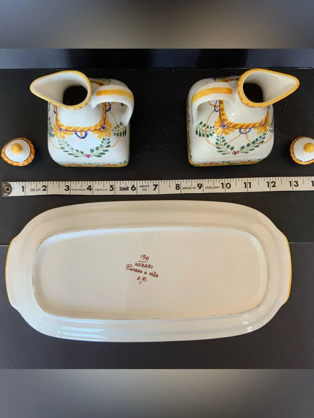 Handpainted Ceramic Oil & Vinegar Cruets Set with base tray, Portugal